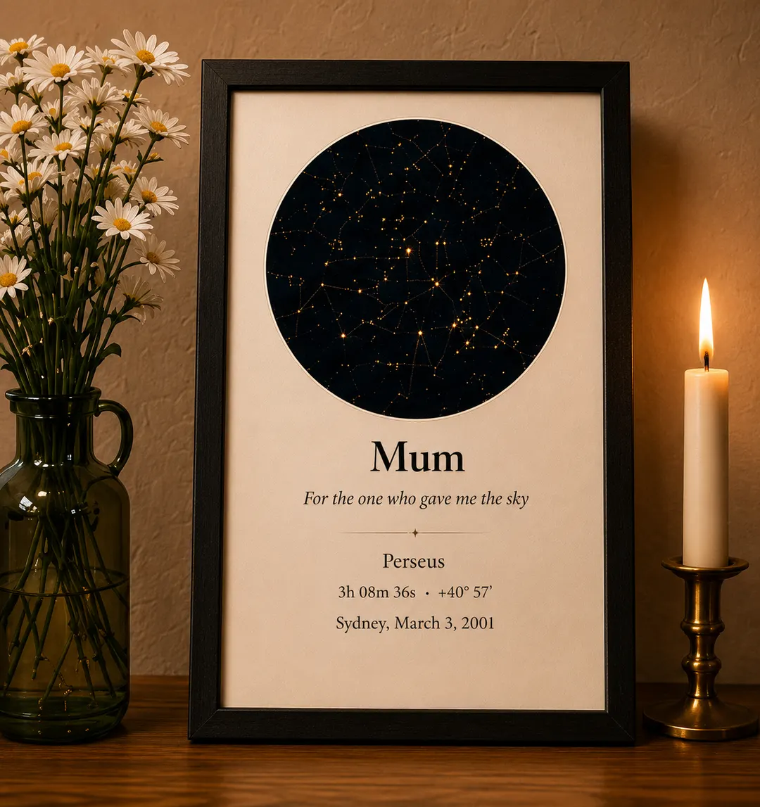 A framed star map named for Mum