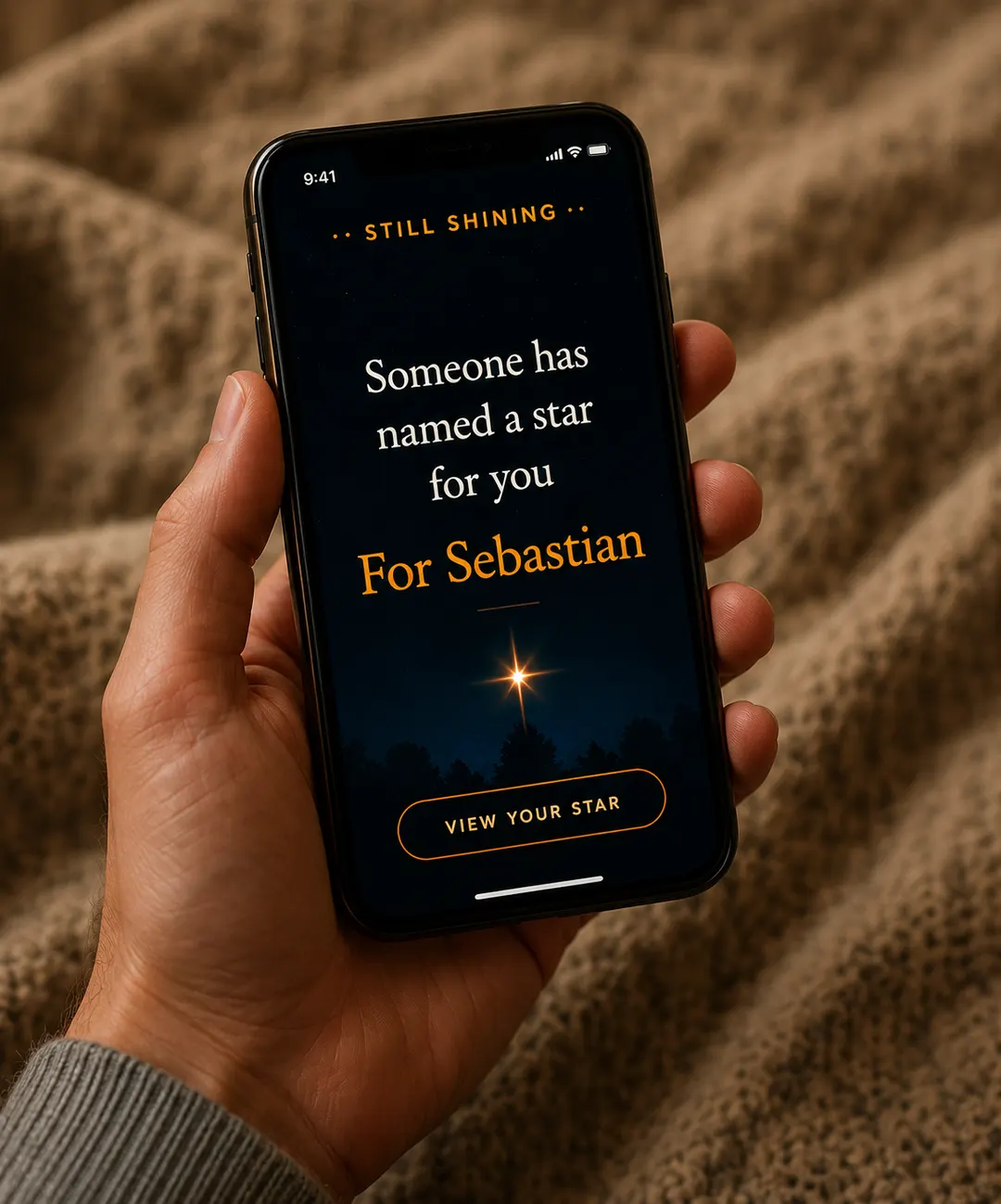 Holding a phone showing a named star