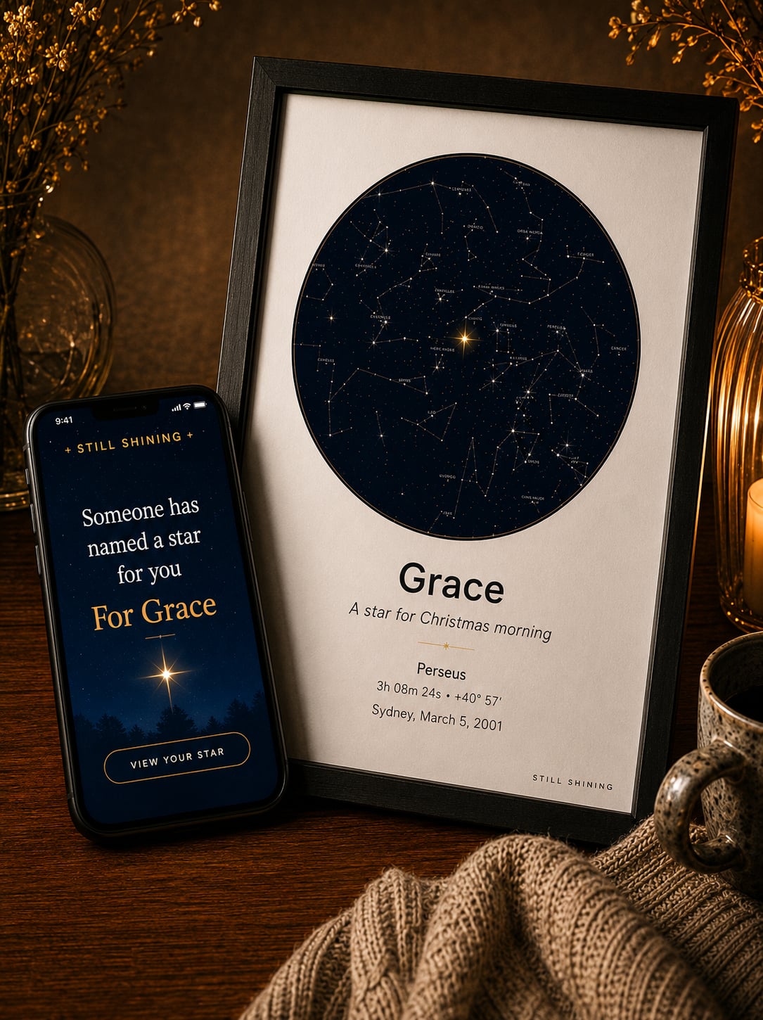 A framed Still Shining star map named for Grace, on a candlelit desk beside a phone showing the gift reveal