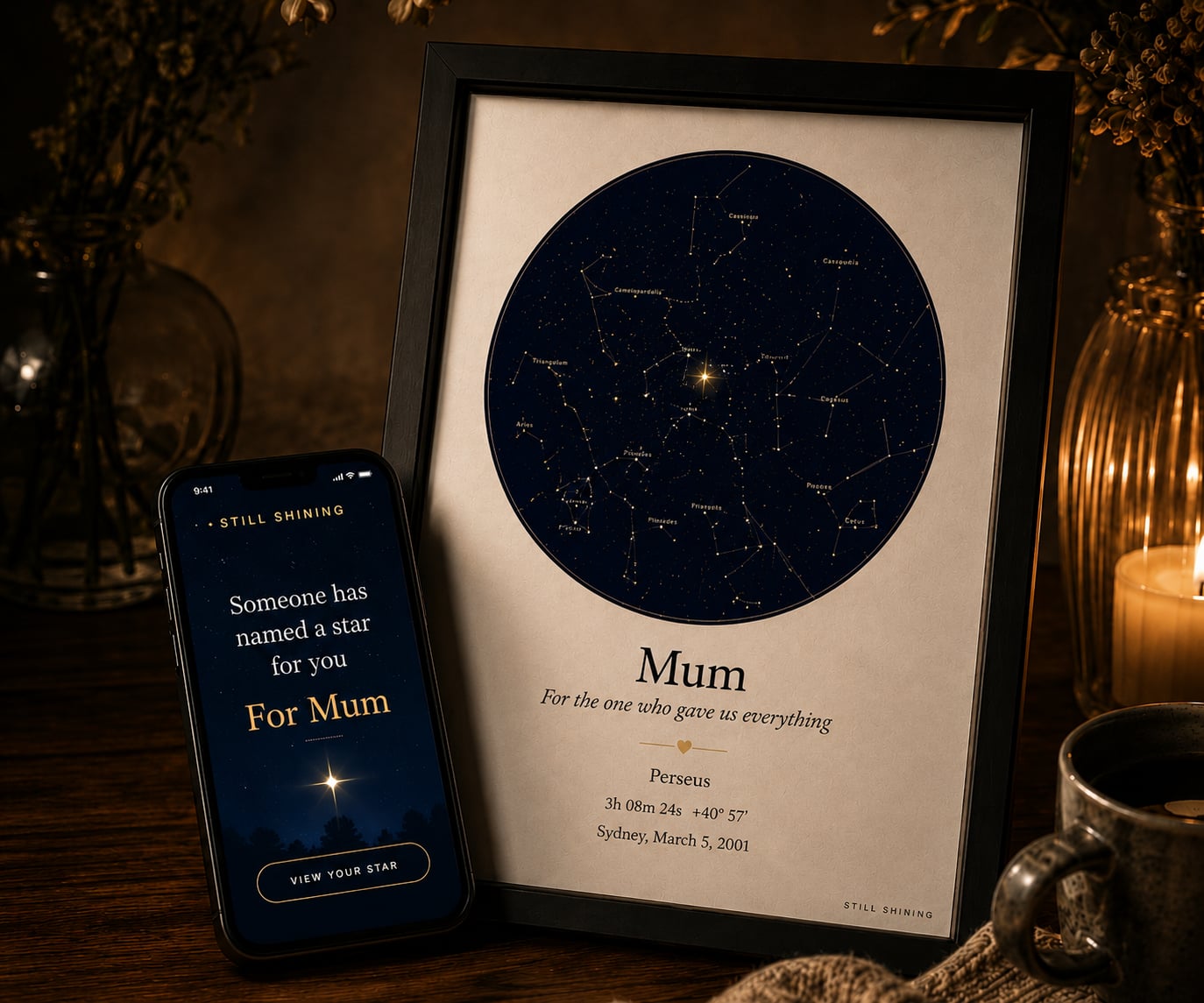 A framed Still Shining star map named for Mum, on a candlelit desk beside a phone showing the gift reveal