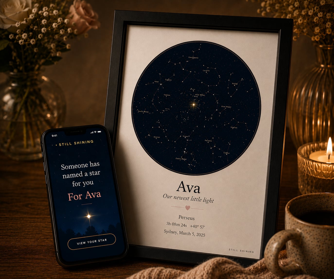 A framed Still Shining star map named for Ava, on a candlelit desk beside a phone showing the gift reveal