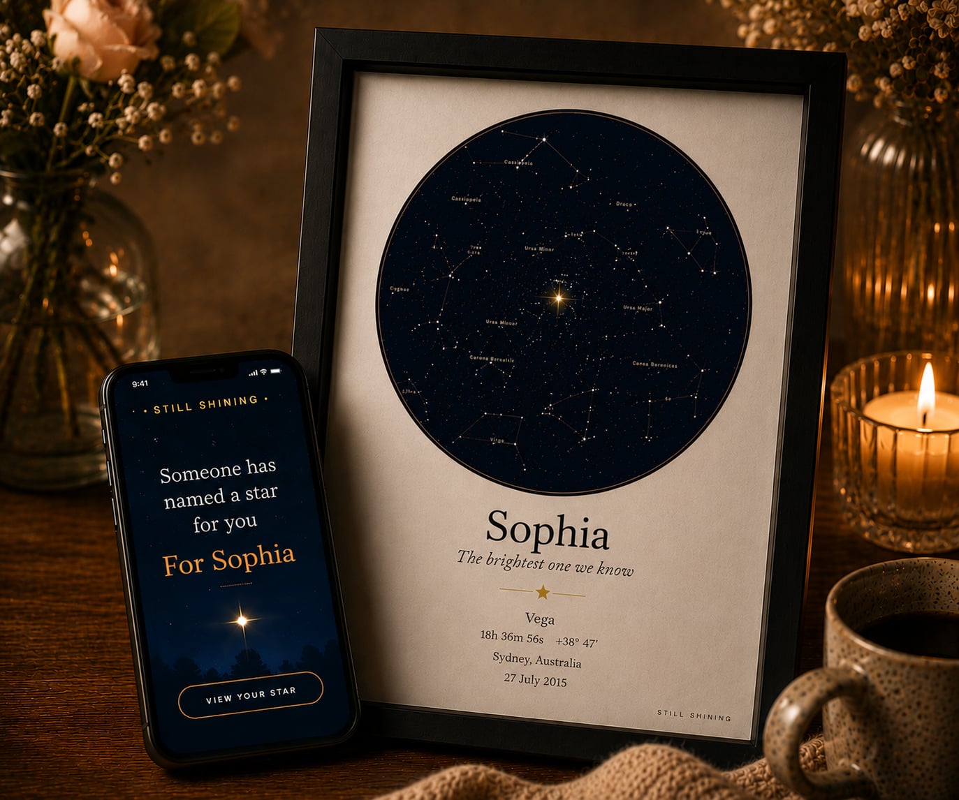 A framed Still Shining star map named for Sophia, on a candlelit desk beside a phone showing the gift reveal